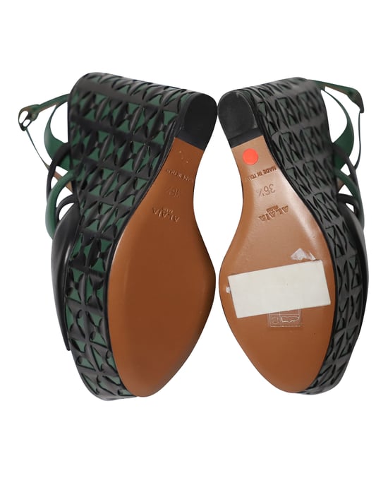 Alaia Laser-Cut Mandje Weef Wedges in Groens Leer - Image 5
