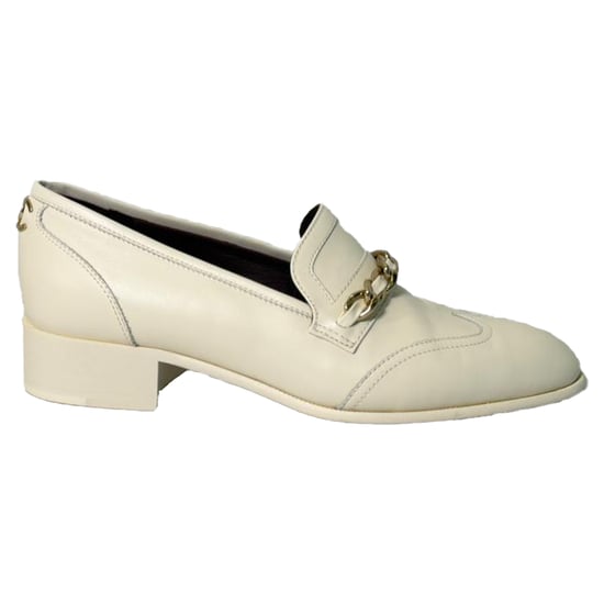 Chanel Chain Accent Wingtip Loafers in White Leather - Image 1