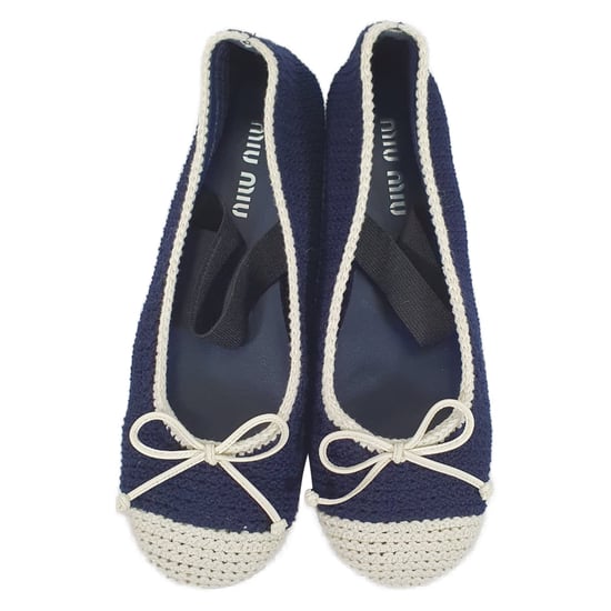Miu Miu Crochet Cap Toe Ballet Flats in Navy Blue Cotton - Image 5