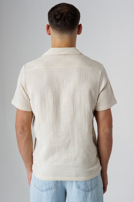 Cream Cotton Button-Up Shirt With Textured Check Print - Image 2
