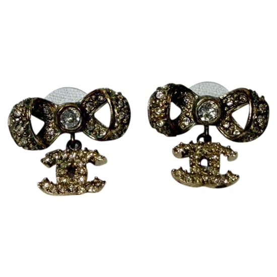 Chanel Crystal CC Bow Drop Earrings in Gold Metal - Image 1