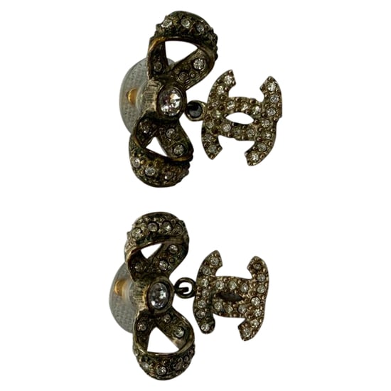 Chanel Crystal CC Bow Drop Earrings in Gold Metal - Image 2