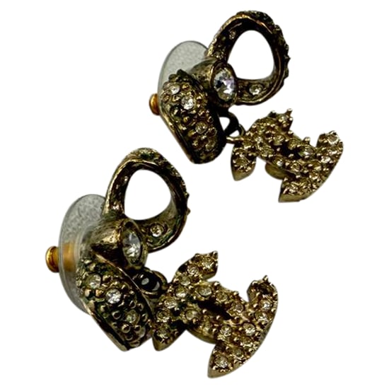 Chanel Crystal CC Bow Drop Earrings in Gold Metal - Image 3