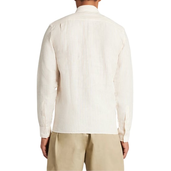 Lacoste Mens Striped Linen Regular Button-Down Shirt (White) - Image 2