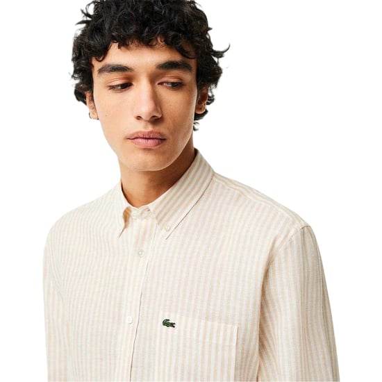 Lacoste Mens Striped Linen Regular Button-Down Shirt (White) - Image 3