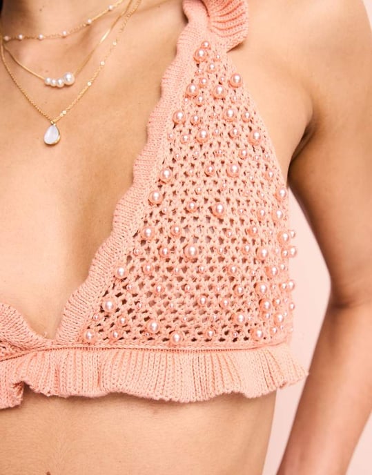 ASOS LUXE co-ord pearl embellished knitted crochet bralet in apricot - Image 3