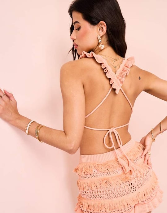 ASOS LUXE co-ord pearl embellished knitted crochet bralet in apricot - Image 4