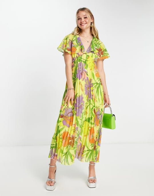 ASOS DESIGN angel cape sleeve pleated hem midi dress in yellow floral print - Image 1