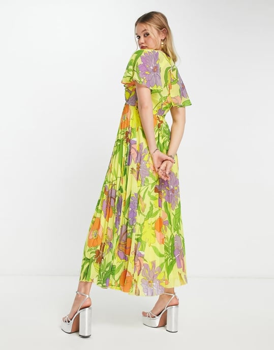 ASOS DESIGN angel cape sleeve pleated hem midi dress in yellow floral print - Image 2
