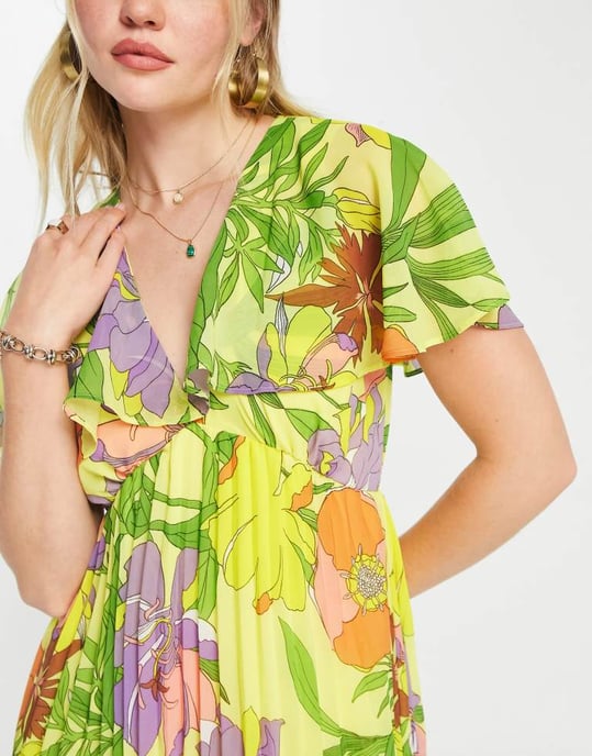 ASOS DESIGN angel cape sleeve pleated hem midi dress in yellow floral print - Image 3