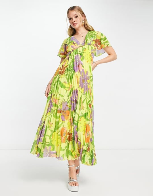 ASOS DESIGN angel cape sleeve pleated hem midi dress in yellow floral print - Image 4