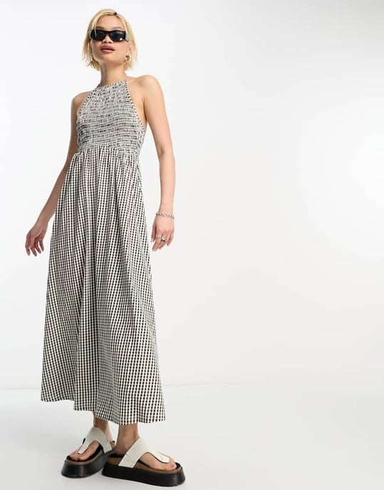 ASOS DESIGN halter midaxi dress with shirred bodice in mono gingham - Image 3