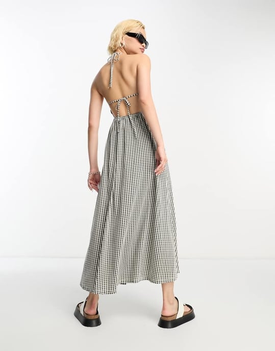 ASOS DESIGN halter midaxi dress with shirred bodice in mono gingham - Image 4