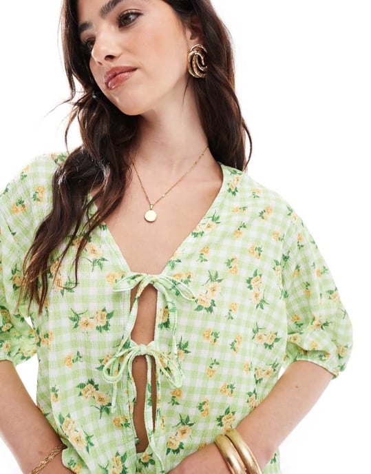 ASOS DESIGN tie front shirt co-ord in green gingham floral print - Image 3