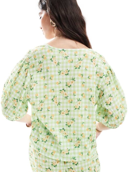 ASOS DESIGN tie front shirt co-ord in green gingham floral print - Image 4