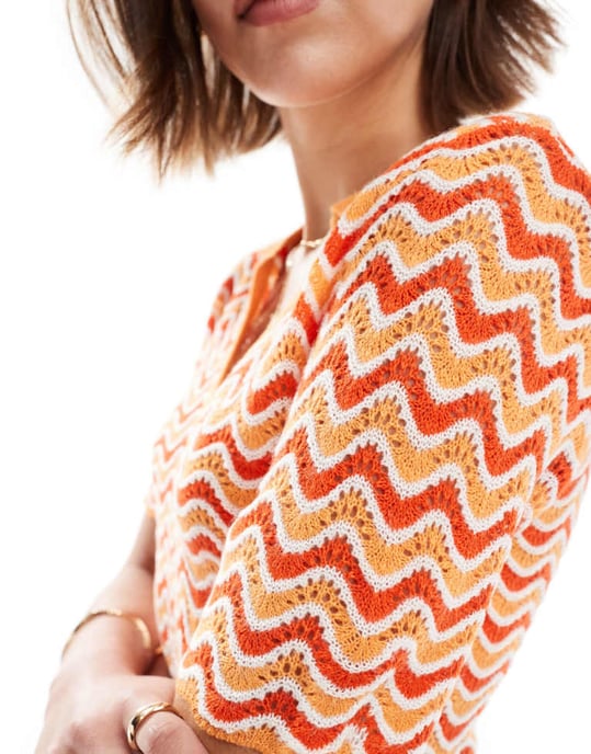 Noisy May knitted polo co-ord in orange wave - Image 2