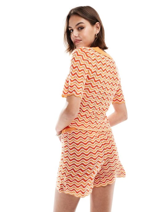 Noisy May knitted polo co-ord in orange wave - Image 3