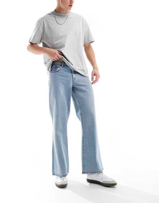 ASOS DESIGN wide flared jeans in mid wash blue - Image 4