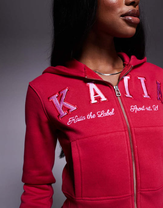 Kaiia bomullsblandning broderad logotyp oversized hoodie co-ord i röd och rosa - Image 2