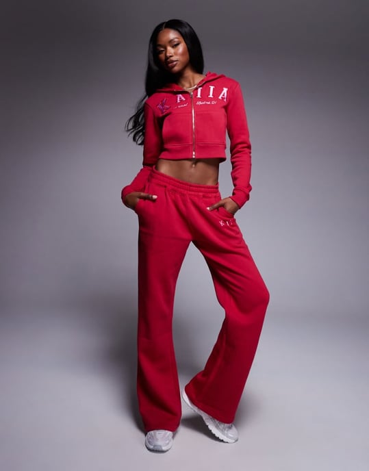 Kaiia bomullsblandning broderad logotyp oversized hoodie co-ord i röd och rosa - Image 3