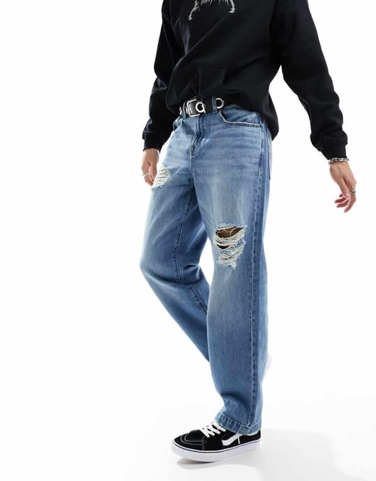 ASOS DESIGN baggy jeans med hål i mellanblå tvätt - Image 3