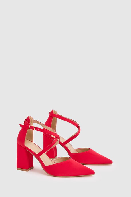 Wide Fit Treat Satin Cross Strap Pointed Block Heel Court Shoes - Image 1