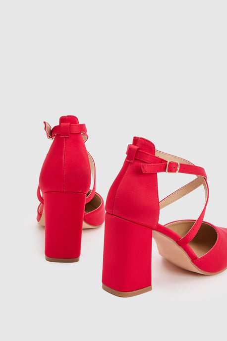 Wide Fit Treat Satin Cross Strap Pointed Block Heel Court Shoes - Image 2