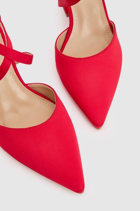 Wide Fit Treat Satin Cross Strap Pointed Block Heel Court Shoes - Image 3
