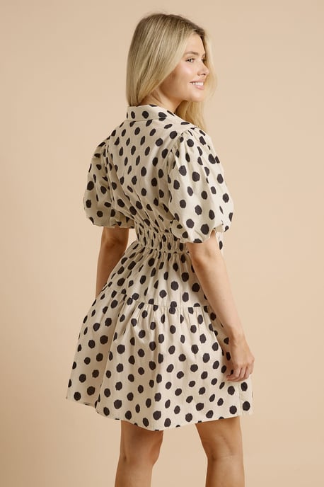 Mono Spot Puff Sleeve Dropped Waist Shirt Mini Dress - Image 3