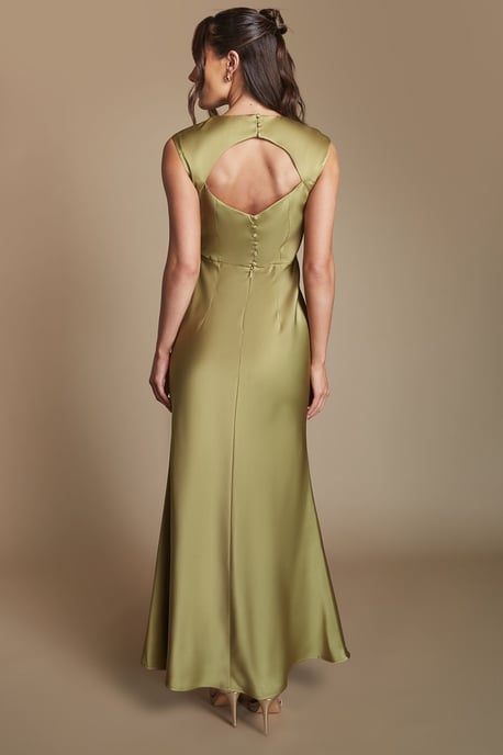 Olive Satin Open Back Detail Maxi Bridesmaid Dress - Image 3