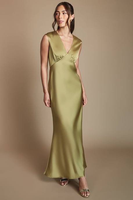 Olive Satin Open Back Detail Maxi Bridesmaid Dress - Image 4