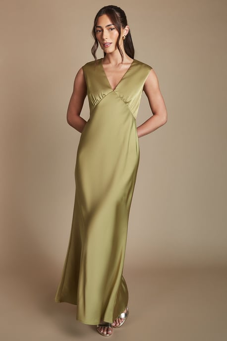 Olive Satin Open Back Detail Maxi Bridesmaid Dress - Image 5
