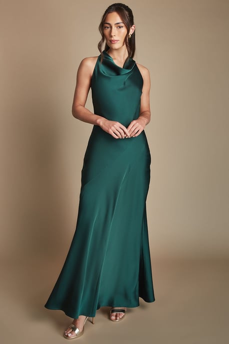 Emerald Cowl Halterneck Satin Maxi Bridesmaid Dress - Image 4