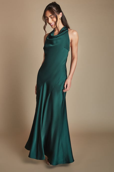 Emerald Cowl Halterneck Satin Maxi Bridesmaid Dress - Image 5