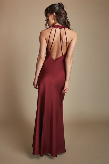 Wine Cowl Halterneck Satin Maxi Bridesmaid Dress - Image 3