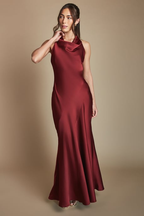 Wine Cowl Halterneck Satin Maxi Bridesmaid Dress - Image 4