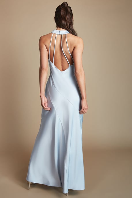 Light Blue Cowl Halterneck Satin Maxi Bridesmaid Dress - Image 3