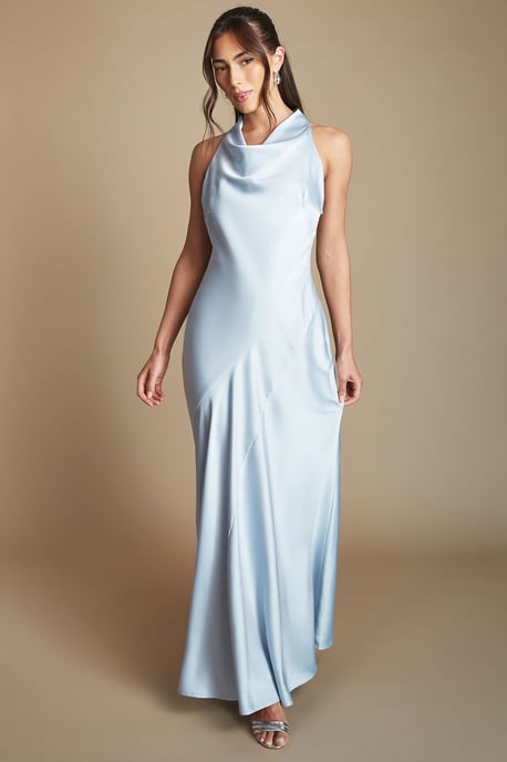 Light Blue Cowl Halterneck Satin Maxi Bridesmaid Dress - Image 4