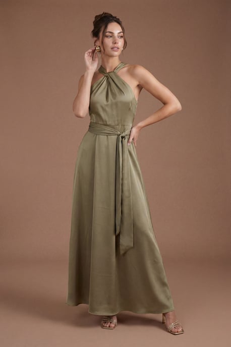 Coast Honoured Petite Twist Halterneck Satin Maxi Bridesmaid Dress - Image 1