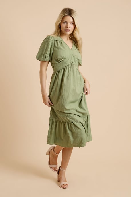 Bubble Sleeve Trim Detail Midi Dress - Image 2