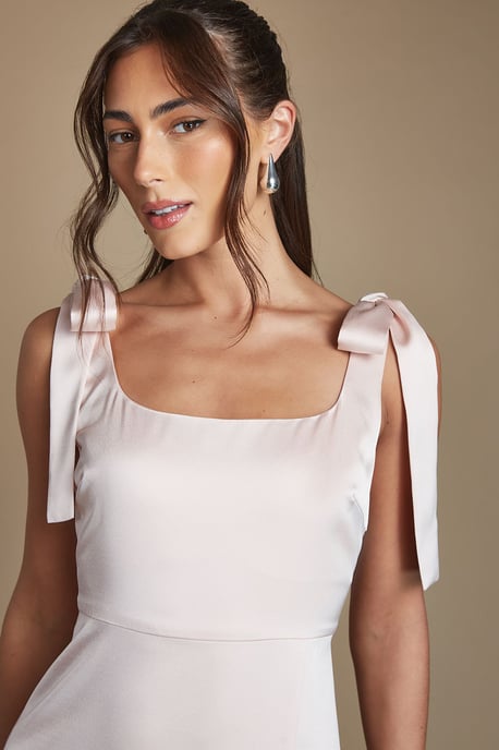 Blush Satin Tie Shoulder Midi Bridesmaid Dress - Image 2