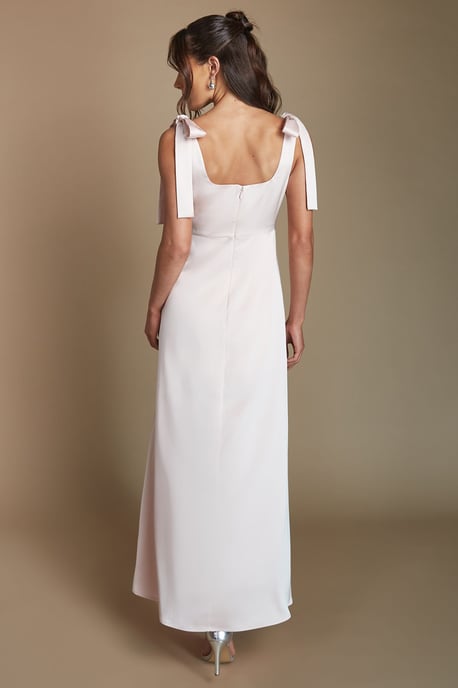 Blush Satin Tie Shoulder Midi Bridesmaid Dress - Image 3