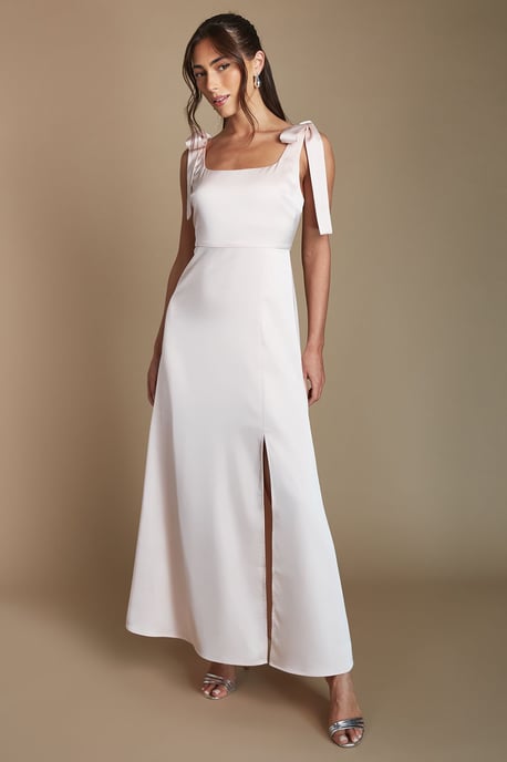 Blush Satin Tie Shoulder Midi Bridesmaid Dress - Image 4