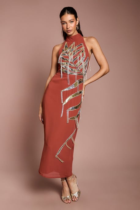 Halterneck Embellished Fringe Midi Dress - Image 1