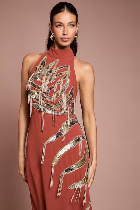 Halterneck Embellished Fringe Midi Dress - Image 2
