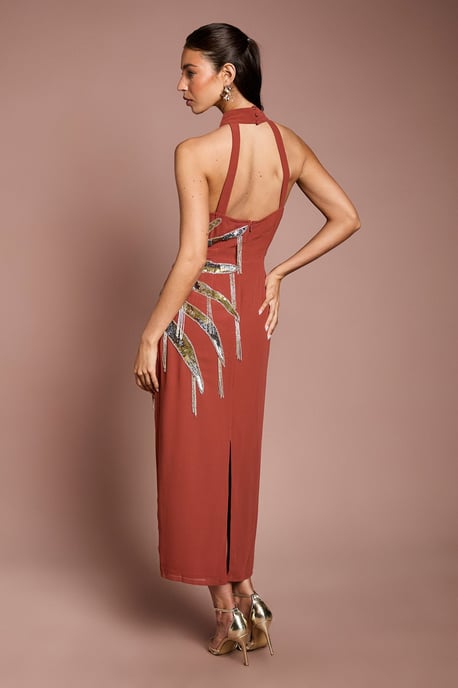 Halterneck Embellished Fringe Midi Dress - Image 3