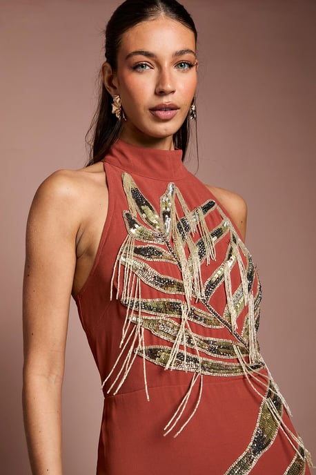Halterneck Embellished Fringe Midi Dress - Image 4
