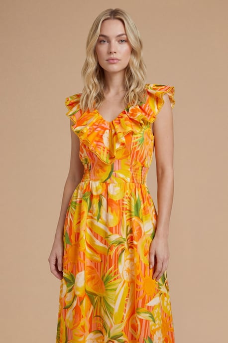 Fruit Frill Neckline Lace Detail Printed Midi Dress - Image 4