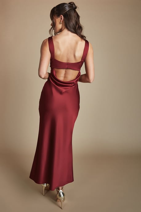 Wine Cowl Neck Open Back Midi Bridesmaid Dress - Image 3