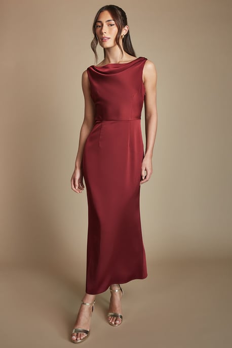 Wine Cowl Neck Open Back Midi Bridesmaid Dress - Image 4